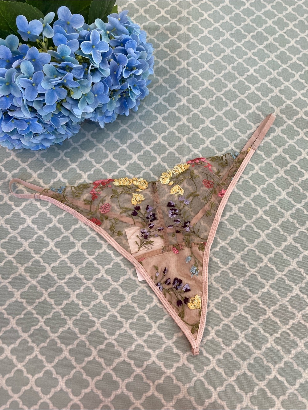 NWT Ginger & Peach Multicolored Floral Embroidered Sheer Thong L